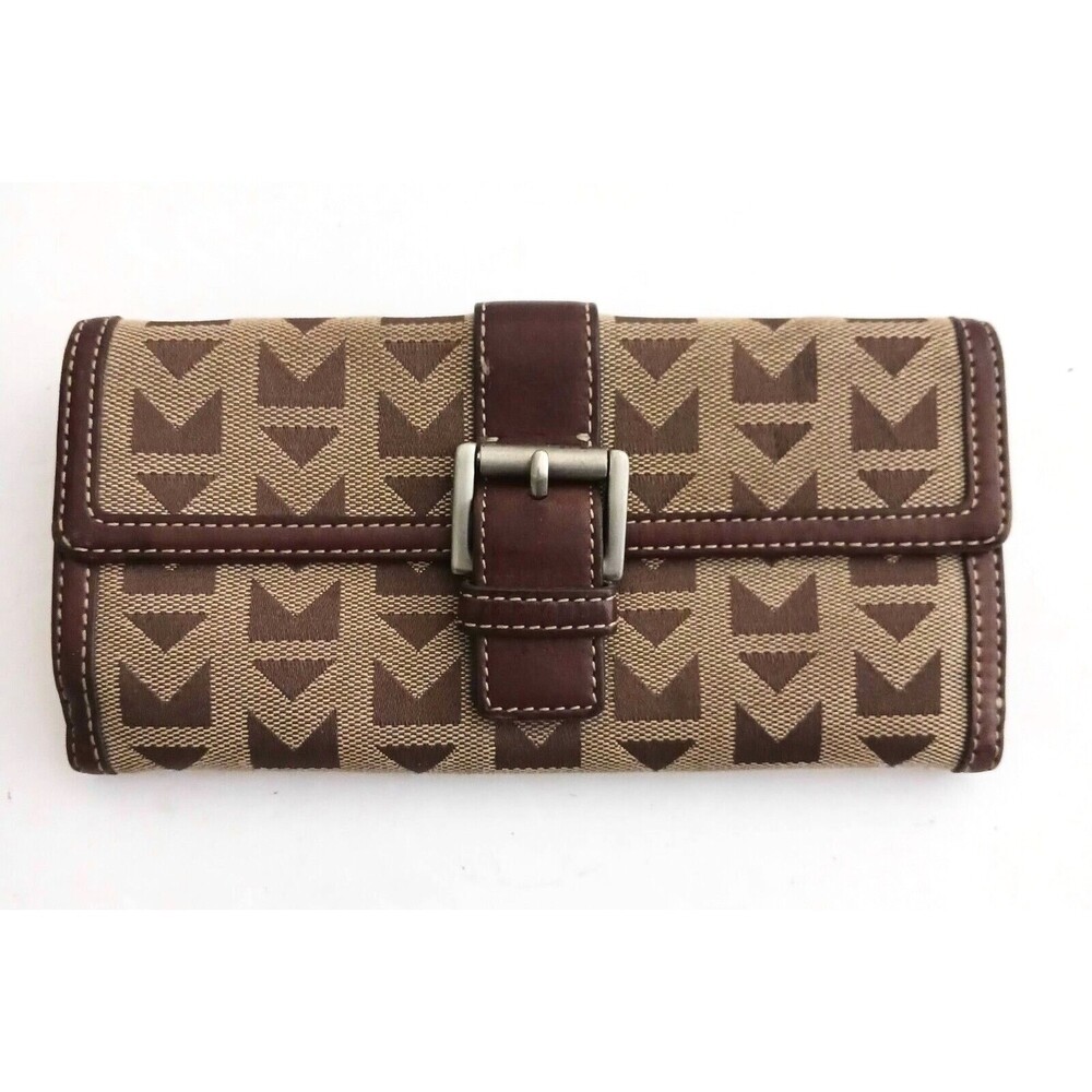 Michael Kors Brown Leather Brown Logo Jacquard Buckle Flap Rect Bi Fold Wallet